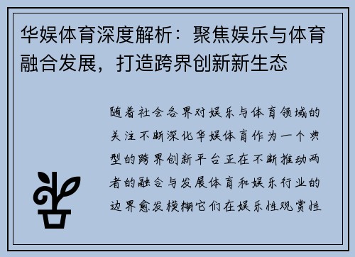华娱体育深度解析：聚焦娱乐与体育融合发展，打造跨界创新新生态